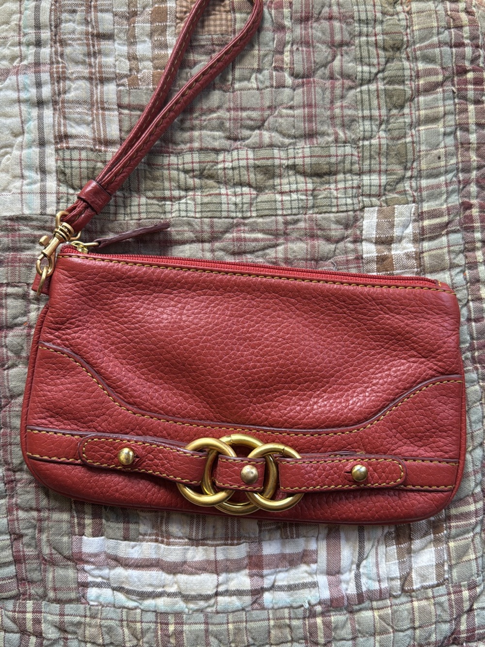 Red Leather Wristlet Clutch with Gold Accent